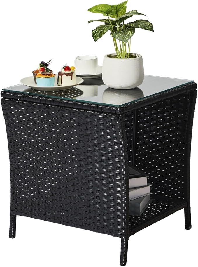Outdoor Rattan Side Table, Square Coffee Table with Tempered Glass Top and Storage, Black