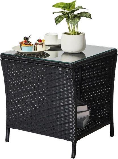 Outdoor Rattan Side Table, Square Coffee Table with Tempered Glass Top and Storage, Black