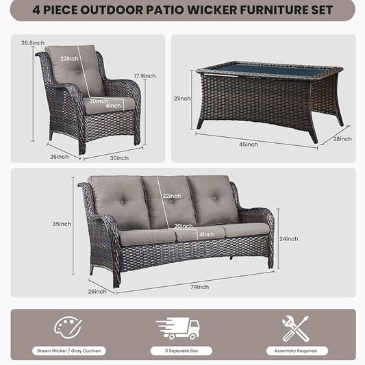 Belord Patio Wicker Furniture 4 Pieces Outdoor Furniture Set Patio Sofa Set with Wicker Chairs and Coffee Table, Paito Conversation Set for Porch Garden Deck Balcony Poolside