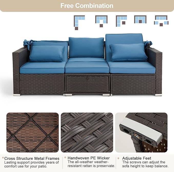 Vicluke 6 Pieces Patio Furniture Sets Outdoor Sectional Sofa Set Rattan Daybed with Retractable Canopy - Photo 5