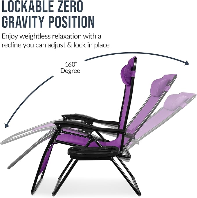 Best Choice Products Set of 2 Extra Wide Adjustable Steel Mesh Zero Gravity Lounge Chair Recliners w/Pillows and Cup Holder Trays - Amethyst Purple