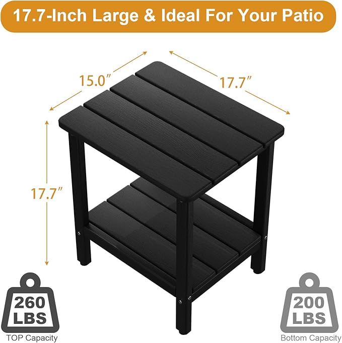 Outdoor Side Table, 17.7-Inch Small Patio Side Table with Adjustable Feet, All-Weather HDPE Adirondack End Table for Porch Deck Balcony Pool, Easy Maintenance, Black