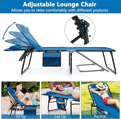 Giantex Patio Lounge Chairs for Outside - Folding Tanning Chair w/Headrest, 4 Adjustable Positions, Side Pocket, Outdoor Chaise Lounge for Camping, Pool, Sunbathing Beach Chair, Navy