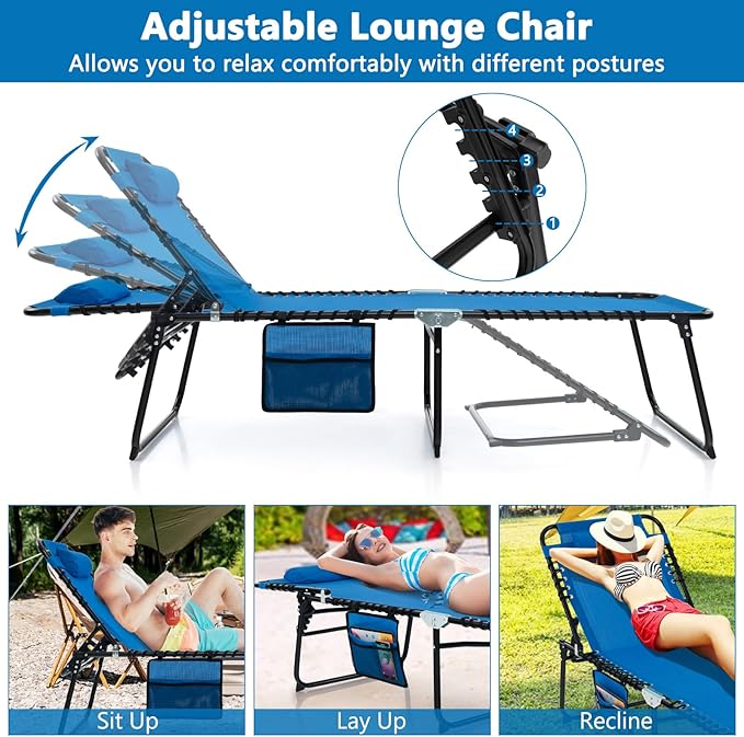 Giantex Patio Lounge Chairs for Outside - Set of 2 Folding Tanning Chair w/Headrest, 4 Adjustable Positions, Side Pocket, Outdoor Chaise Lounge for Camping, Pool, Sunbathing Beach Chair, Navy