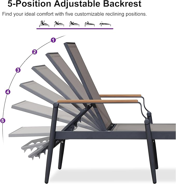 PURPLE LEAF Outdoor Chaise Lounge Chair Set of 2 Patio Pool Lounger Aluminum Chairs with Wooden Armrest Sunbathing Tanning Recliner for Outside Backyard Brown