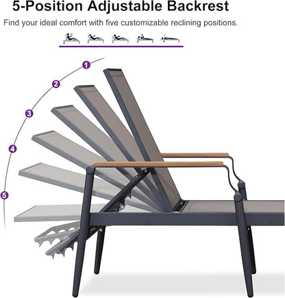 PURPLE LEAF Outdoor Chaise Lounge Chair Set of 2 Patio Pool Lounger Aluminum Chairs with Wooden Armrest Sunbathing Tanning Recliner for Outside Backyard Brown