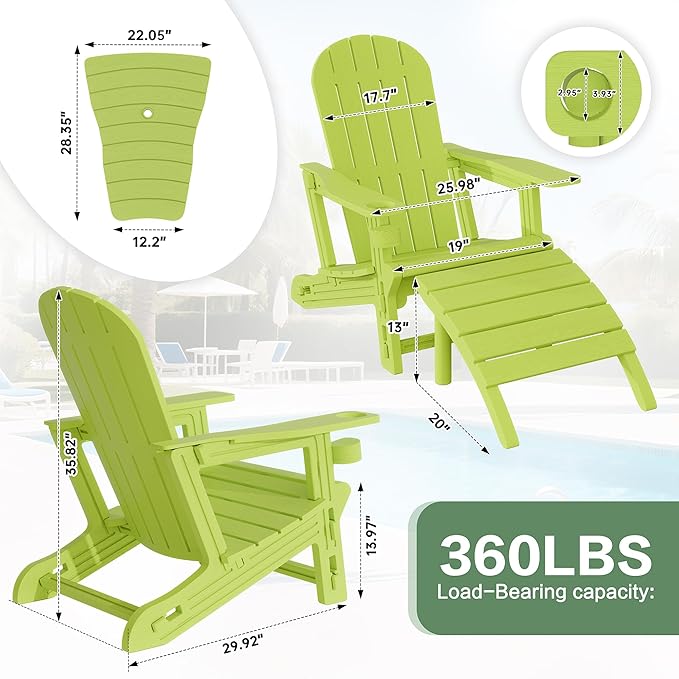 JY QAQA Outdoor Adirondack Chair Set of 2 with Detachable Table & Ottoman, All-Weather HDPE Patio Furniture with Wood Texture & Cup Holder for Patio, Poolside, Garden, Green