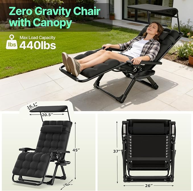 Suteck Zero Gravity Chair with Canopy, Reclining Camping Lounge Chair w/Removable Cushion, Upgraded Lock and Cup Holder, Reclining Patio Chairs Folding Recliner for Indoor and Outdoor