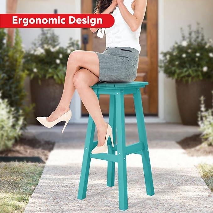 Costaelm 29" Height Outdoor Bar Stools, All-Weather Bar Stools, Adirondack Poly Patio Square Bar Stool for Patio, Deck, Kitchen Counter and Garden, Turquoise