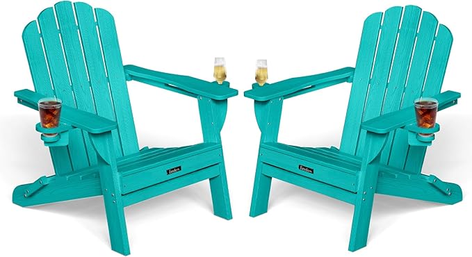 Adirondack Chairs Set of 2, Wood Texture Fire Pit Chairs, Plastic Adirondack Chairs with 2 Cup Holder - Photo 1