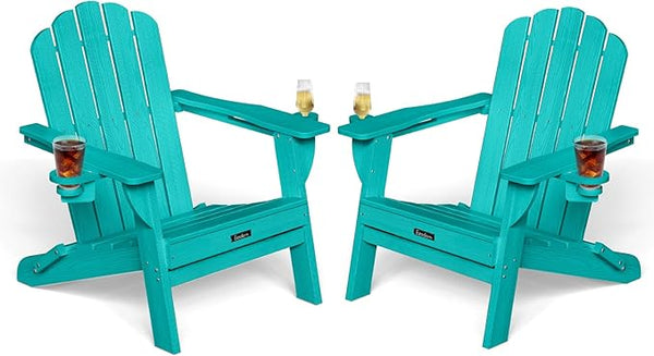 Adirondack Chairs Set of 2, Wood Texture Fire Pit Chairs, Plastic Adirondack Chairs with 2 Cup Holder - Photo 1