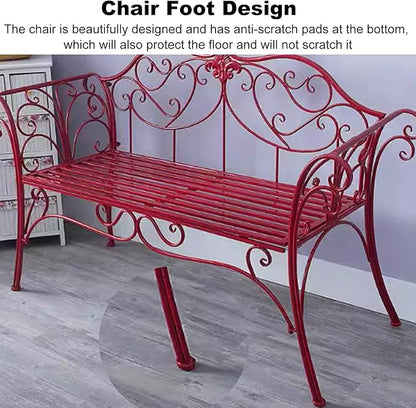 Metal Garden Bench, 52 in Outdoor Benches Weatherproof with Backrest and Armrests, 2 Seats Patio Benches for Front Porch, Patio, Park, Yard(Red)