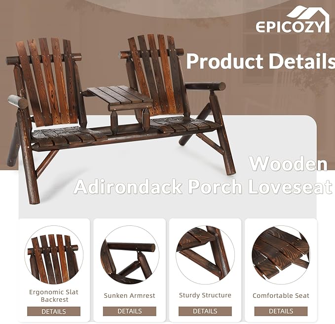 Outdoor 2-Person Wooden Adirondack Bench, Conversation Furniture Set with Patio Rustic Loveseat & Built-in Table, Carbonized Garden Bench Fire Pit Chair for Backyard Porch Pool Deck