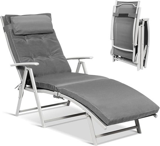 Giantex Chaise Lounge Chair for Outside, Pool Folding Reclining Beach Chair W/Removable Cushion&Headrest Pillow, Outdoor Lounge Chaise w/ 7 Backrest Positions, Portable Patio Lounger (1, Grey)