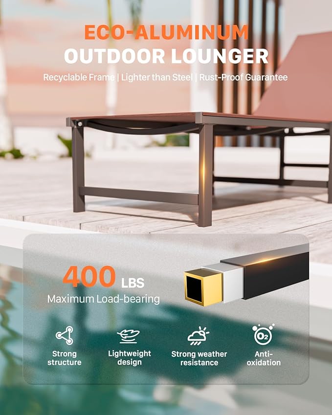 Chaise Lounge Chair Outdoor,Aluminum Patio Lounge Chairs Set of 2,Pool Lounge Chairs with 5 Adjustable Backrest and Headrest Pillows for Outside Beach，Brown