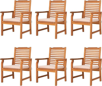 PHI VILLA 6 Pieces Acacia Wood Outdoor Dining Chairs with Cushions, Patio Wooden Armchairs Set of 6, Natural Teak Dining Chairs for Deck, Yard, Porch