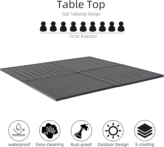 59" Large Square Outdoor Patio Table with Adjustable Umbrella Hole for 8 Person, 4.9ft All Weather Metal Outdoor Dining Table - Black