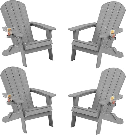 YEFU Adirondack Chair, Foldable Oversized Plastic Adirondack Chair Set of 4 with Cup Holder, Patio Chair with Weather Resistant for Outside Deck Lawn, Weight Capacity Up to 400 Lbs –Grey