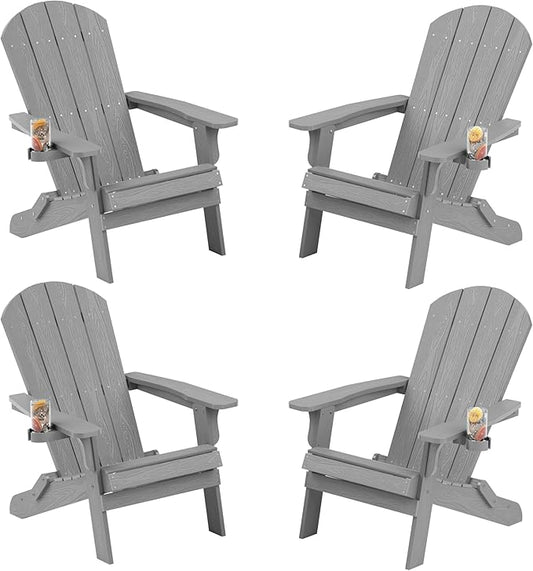 YEFU Adirondack Chair, Foldable Oversized Plastic Adirondack Chair Set of 4 with Cup Holder, Patio Chair with Weather Resistant for Outside Deck Lawn, Weight Capacity Up to 400 Lbs –Grey