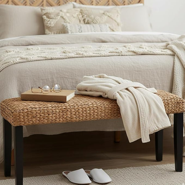 End of Bed Bench for Bedroom, 47" Entryway Bench with Solid Wood Acacia, Water Hyacinth Indoor Bench Seat - Photo 1