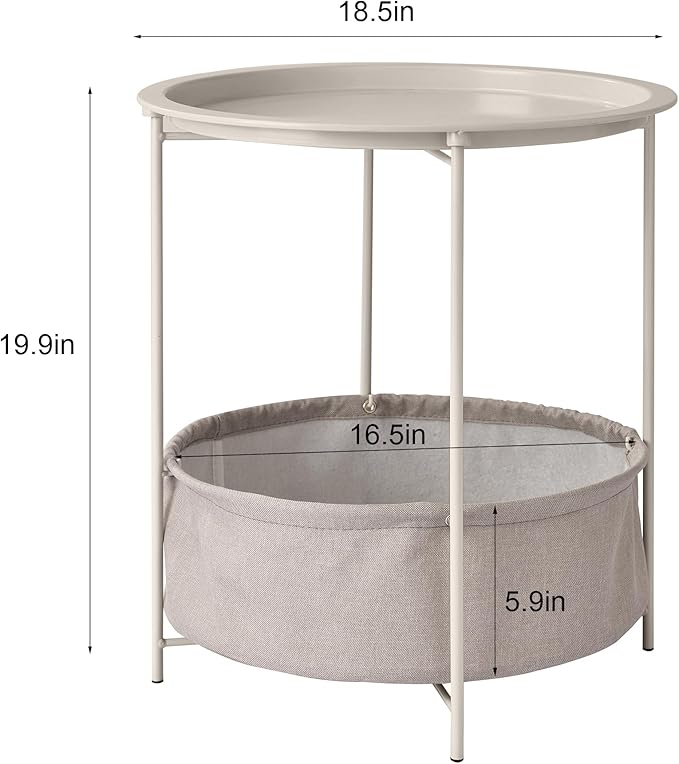 VECELO Round Side/End Table with Fabric Storage Basket，Metal Anti-Rust and Waterproof Small Bedside Nightstand with - Photo 3