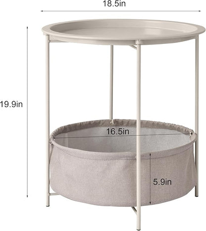 VECELO Round Side/End Table with Fabric Storage Basket，Metal Anti-Rust and Waterproof Small Bedside Nightstand with Removable Tray Top for Living Room，Balcony & Laundry，Grey /1pcs with Basket