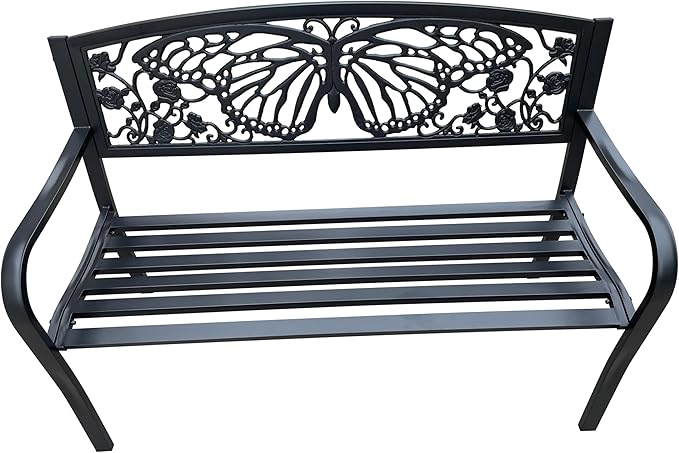 Hi-Line Gift Ltd 50" Outdoor Metal Garden Bench with Butterfly Backrest Design - Black