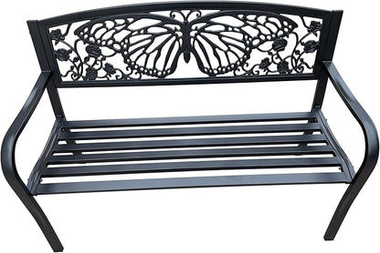 Hi-Line Gift Ltd 50" Outdoor Metal Garden Bench with Butterfly Backrest Design - Black