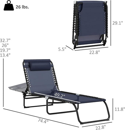 Outsunny Folding Chaise Lounge Chair Set of 2, Patio Sun Tanning Chair, Outdoor Chaise Lounger with 4-Position Reclining Back, Breathable Mesh Seat for Beach, Poolside, Dark Blue