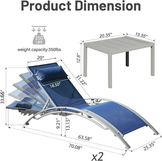 Outdoor Chaise Lounge Set of 3, Aluminum Patio Outdoor Lounge Chair for Beach Pool Sunbathing, Lawn Lounger Recliner Chair with 5 Adjustable Position, Outside Tanning Chairs with Armrest, Blue