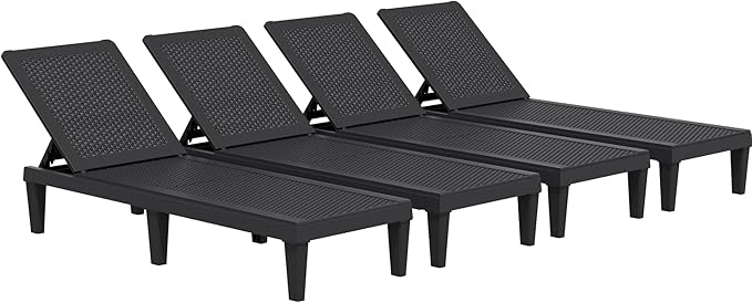 JUMMICO Patio Chaise Lounge Chair Set of 4 Outdoor PE Waterproof Adjustable Easy Assembly Lounge Chairs for Outside Pool Garden Deck Beach (Black, Set of 4)