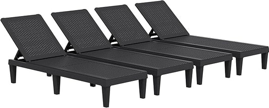 JUMMICO Patio Chaise Lounge Chair Set of 4 Outdoor PE Waterproof Adjustable Easy Assembly Lounge Chairs for Outside Pool Garden Deck Beach (Black, Set of 4)
