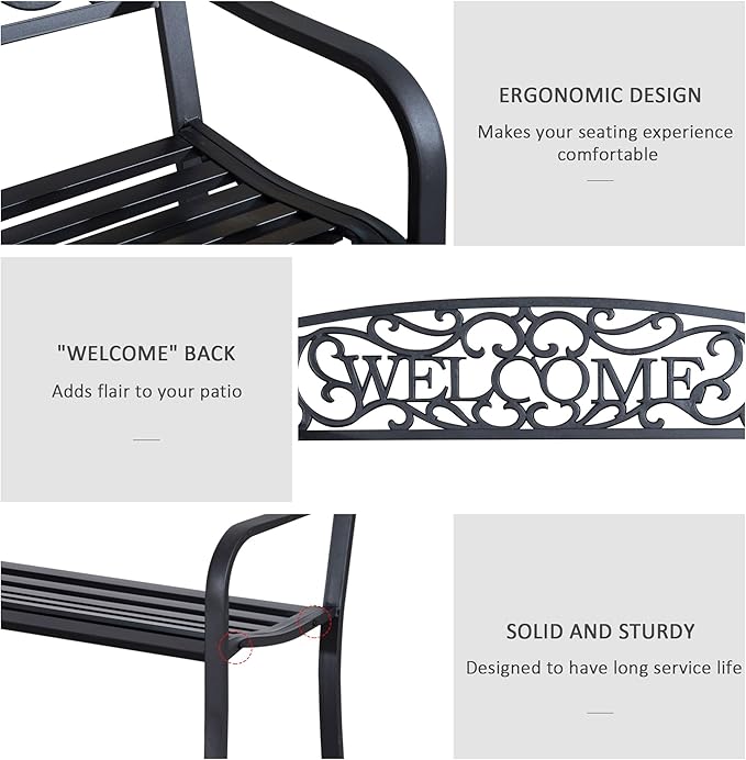 50" Outdoor Welcome Bench, Metal Garden Bench with Slatted Seat, Patio Bench with Backrest and Armrests for Park, Porch, Yard, Lawn, Black