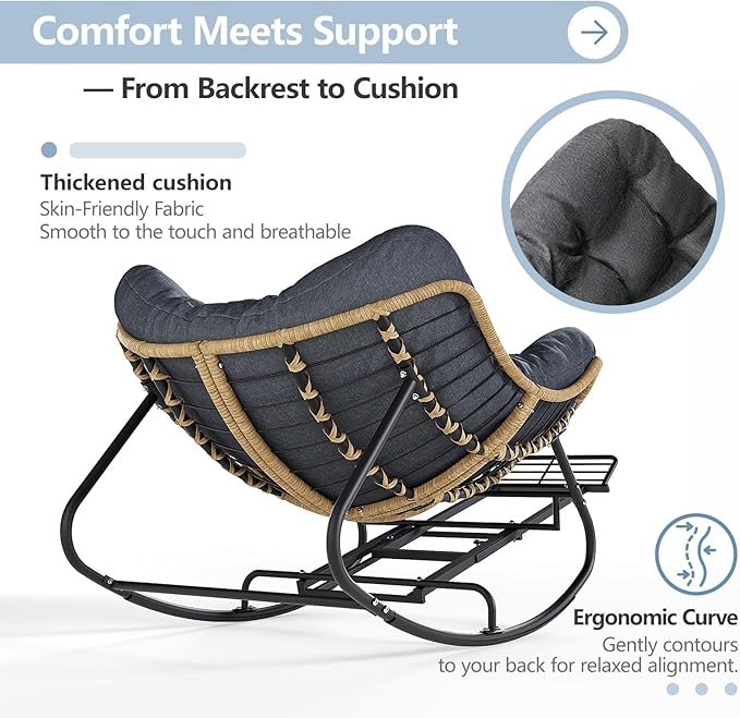 SWITTE Papasan Rocking Chair with Adjustable Footrest, Oversized Wicker Zero-Gravity Outdoor Rocker with Cushion - Photo 5
