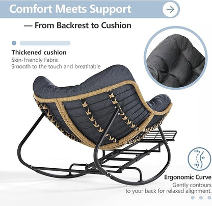 SWITTE Papasan Rocking Chair with Adjustable Footrest, Oversized Wicker Zero-Gravity Outdoor Rocker with Cushion, All-Weather Lounge Chair for Patio, Living Room-Dark Grey