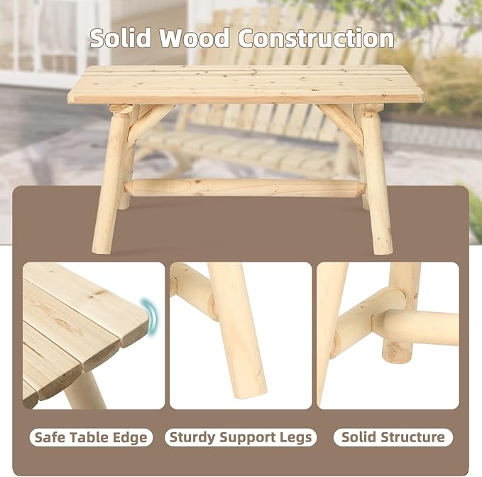 Outdoor Coffee Table, Thick Wooden Patio Adirondack Log Coffee Table with Slatted Tabletop, Solid Wood Rustic Rectangle Center Table for Deck, Garden, Balcony, Indoor or Outdoor Use, Natural