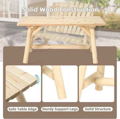 Outdoor Coffee Table, Thick Wooden Patio Adirondack Log Coffee Table with Slatted Tabletop, Solid Wood Rustic Rectangle Center Table for Deck, Garden, Balcony, Indoor or Outdoor Use, Natural