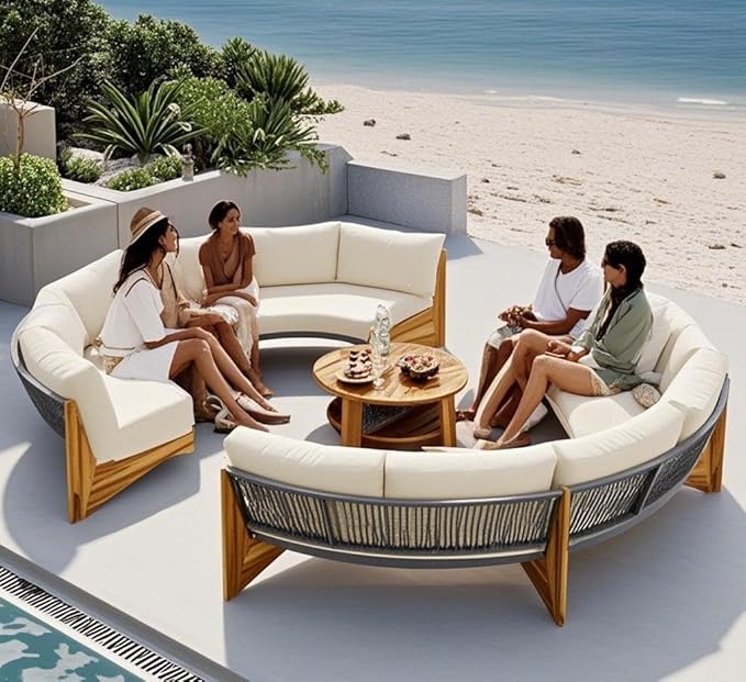 Quarte Outdoor Acacia Wood Round Sofa Set, Half-Moon Sectional Sets with Coffee Table, 6-Person Seating Group for Garden - Photo 2