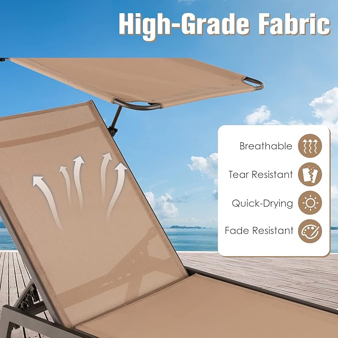 Tangkula 2 Pieces Patio Chaise Lounge Chair, Outdoor Recliner with Adjustable Canopy & Cup Holder, 6-Level Backrest - Photo 8