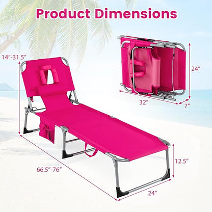 COSTWAY Tanning Chair with Face Hole, Folding Beach Lounge Chair with 4-Position Adjustable Backrest, Pillow & Side Pocket, Foldable Chaise Lounge Chair Outdoor for Sunbathing, Camping (1, Pink)
