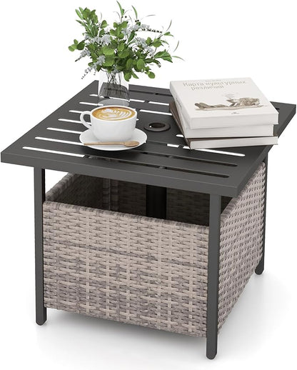 Giantex Outdoor Side Table with Umbrella Hole, 22" Wicker Umbrella Table with Stand and Base, Weather-Resistant PE Rattan Patio End Table for Deck Garden Poolside (Metal Tabletop, Light Gray)
