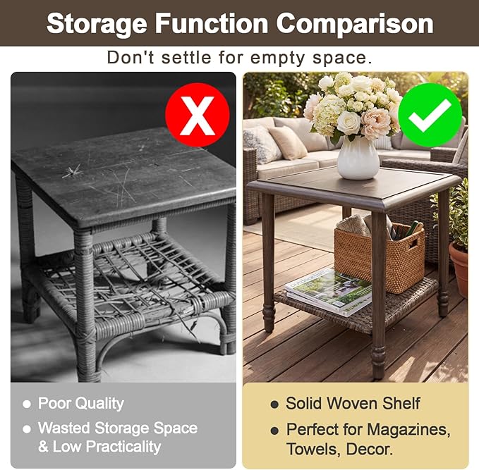 Wicker Outdoor Side Table, Heavy Duty Iron Patio Table for Porch Balcony Deck Garden Poolside
