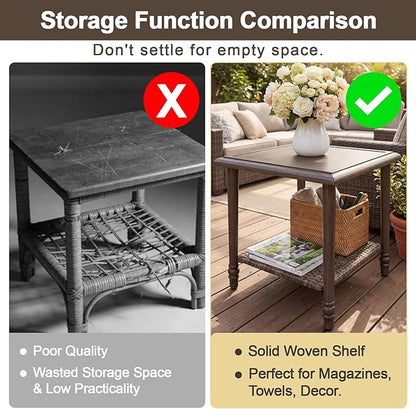 Wicker Outdoor Side Table, Heavy Duty Iron Patio Table for Porch Balcony Deck Garden Poolside