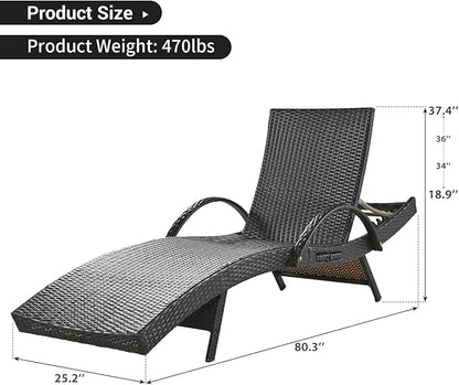 80'' Long Outdoor Wicker Chaise Lounge Chairs Set of 2, Patio Rattan Reclining Chair with Adjustable Backrest & Armrests, Durable PE Rattan Sunbathing Chairs for Pool, Garden, Backyard, Dark Brown