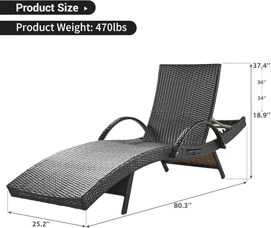 80'' Long Outdoor Wicker Chaise Lounge Chairs Set of 2, Patio Rattan Reclining Chair with Adjustable Backrest & Armrests, Durable PE Rattan Sunbathing Chairs for Pool, Garden, Backyard, Dark Brown