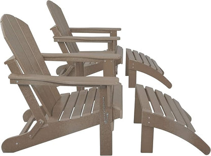 WestinTrends Malibu Outdoor Lounge Chairs Set, 5-Pieces Adirondack Chair Set of 2 with Ottoman and Side Table, All Weather Poly Lumber Patio Lawn Folding Chair for Outside, Weathered Wood