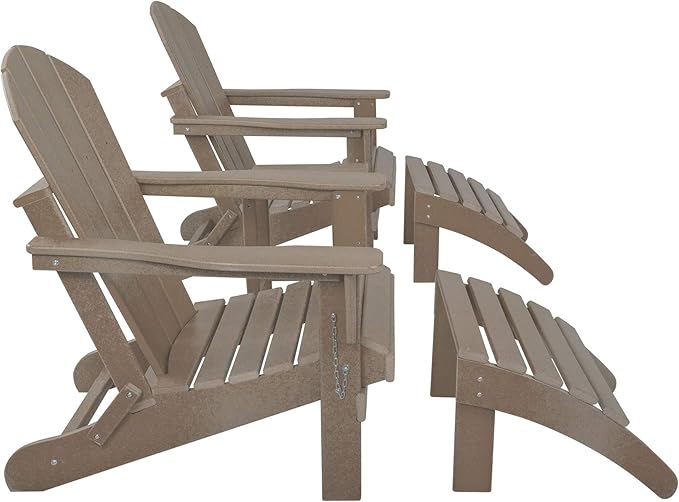 WestinTrends Malibu Outdoor Lounge Chairs Set, 5-Pieces Adirondack Chair Set of 2 with Ottoman and Side Table, All Weather Poly Lumber Patio Lawn Folding Chair for Outside, Weathered Wood