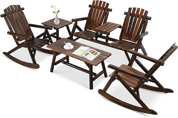 5-Piece Outdoor Wood Log Rocking Conversation Set, Patio Adirondack Furniture Chair Set Including 2-Seater Garden Bench & Built-in Table, 2 Coffee Table, 2 Log Rocker Chair, Carbonized