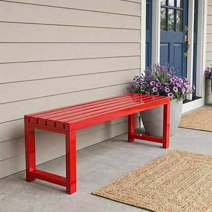 Backless Patio Bench Outdoor Metal Bench, 3.3ft 3.9ft 4.9ft 5.9ft Weatherproof Garden Benches 2-Person Outside Chair for Yard Porch Entryway Sturdy Steel Frame Furniture(Red,3.3ft)