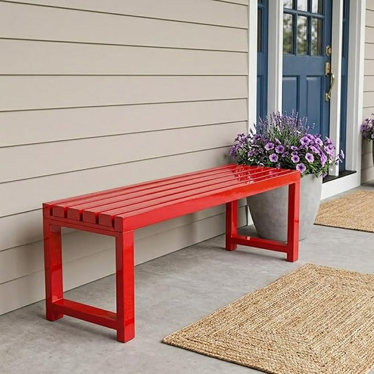 Backless Patio Bench Outdoor Metal Bench, 3.3ft 3.9ft 4.9ft 5.9ft Weatherproof Garden Benches 2-Person Outside Chair for Yard Porch Entryway Sturdy Steel Frame Furniture(Red,3.3ft)